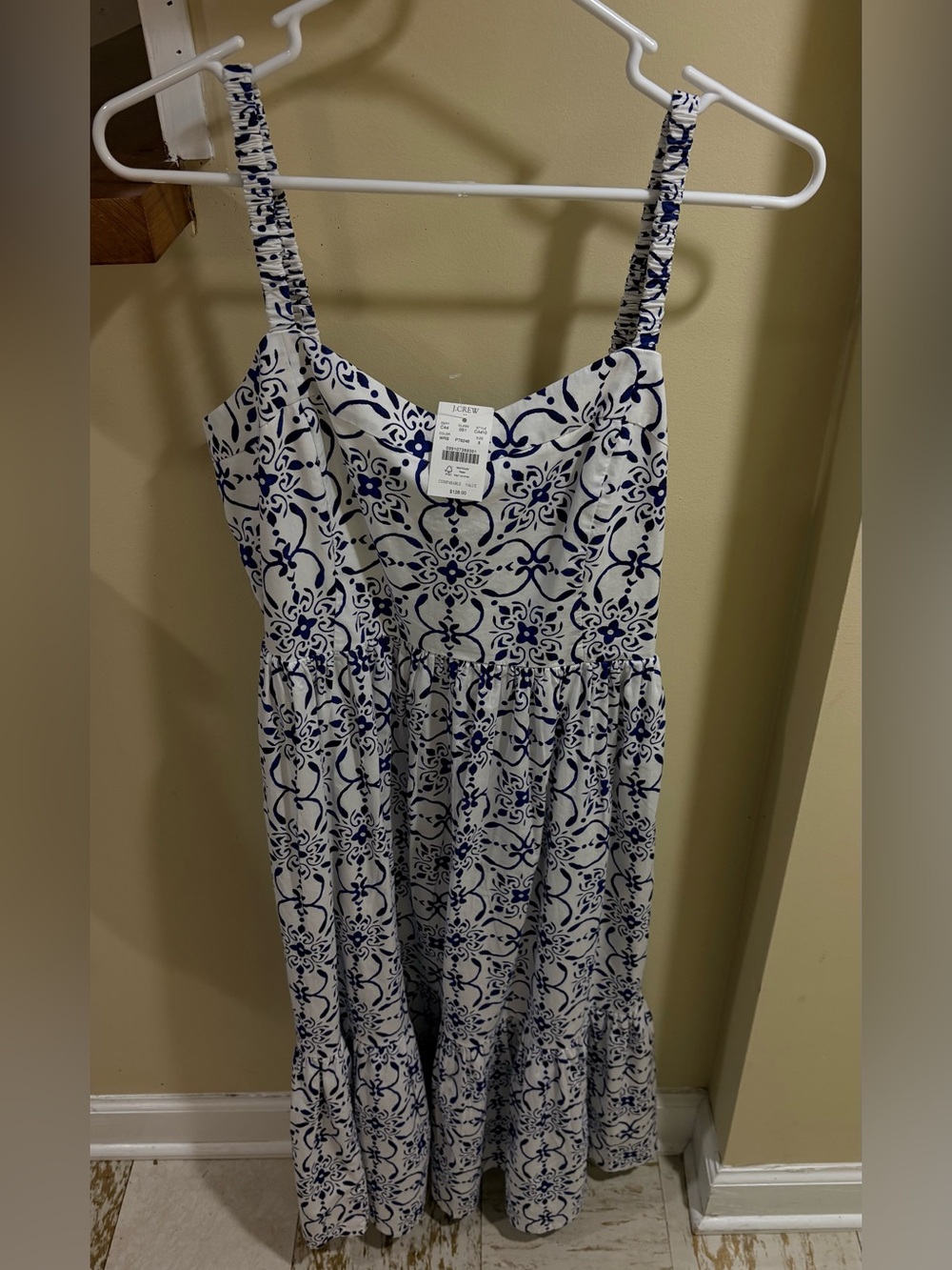 j Crew * NWT blue/white mosaic print elastic strap - midi size 8 dress